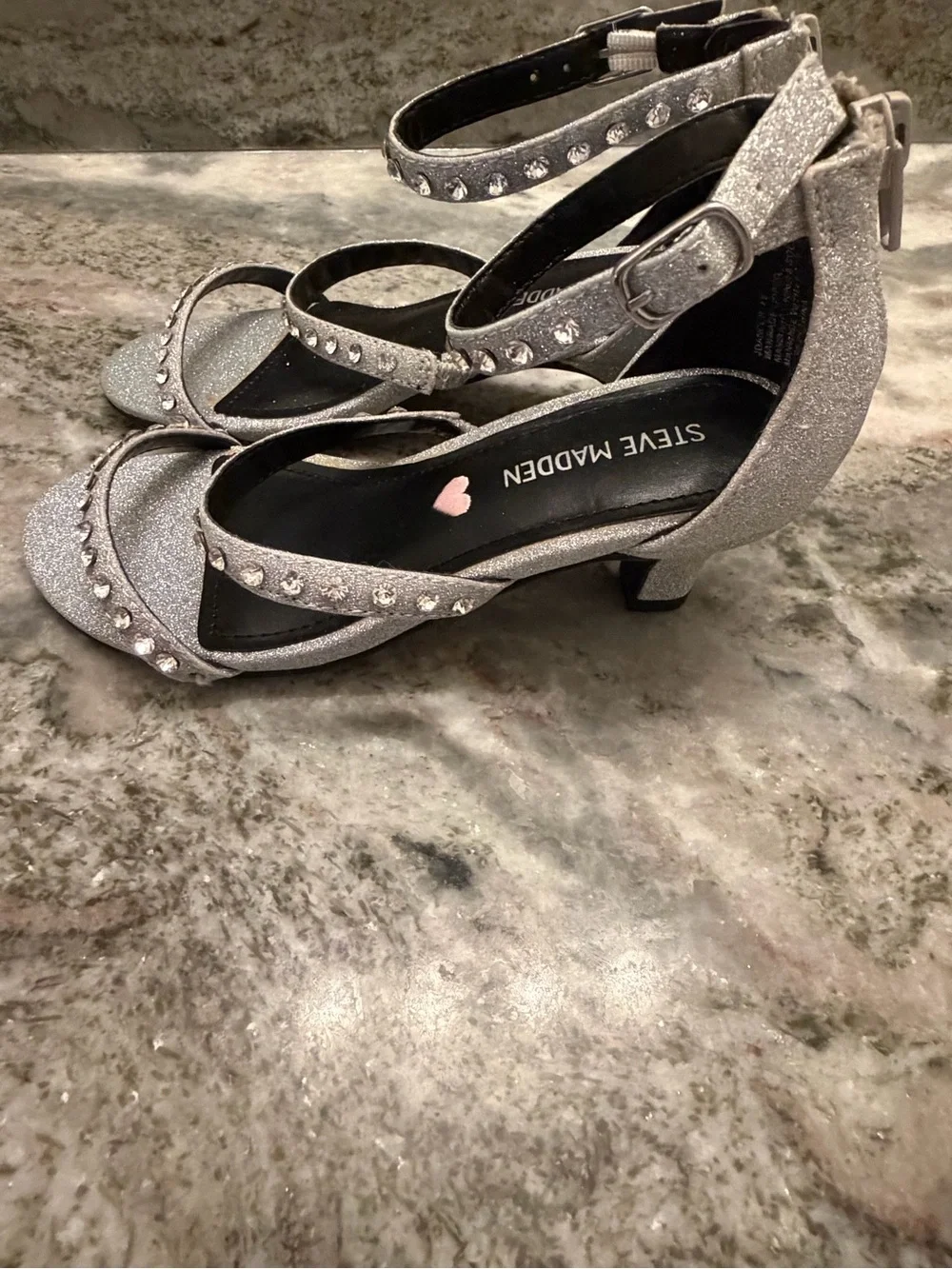 Steve Madden Girls Silver Glitter Rhinestone Ankle Strap Heels Girls size 13